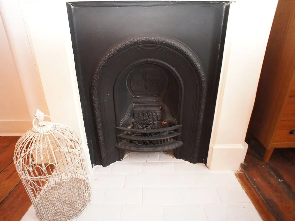 Cast iron fireplace before renovation featuring plain white tile hearth and pine wood floors