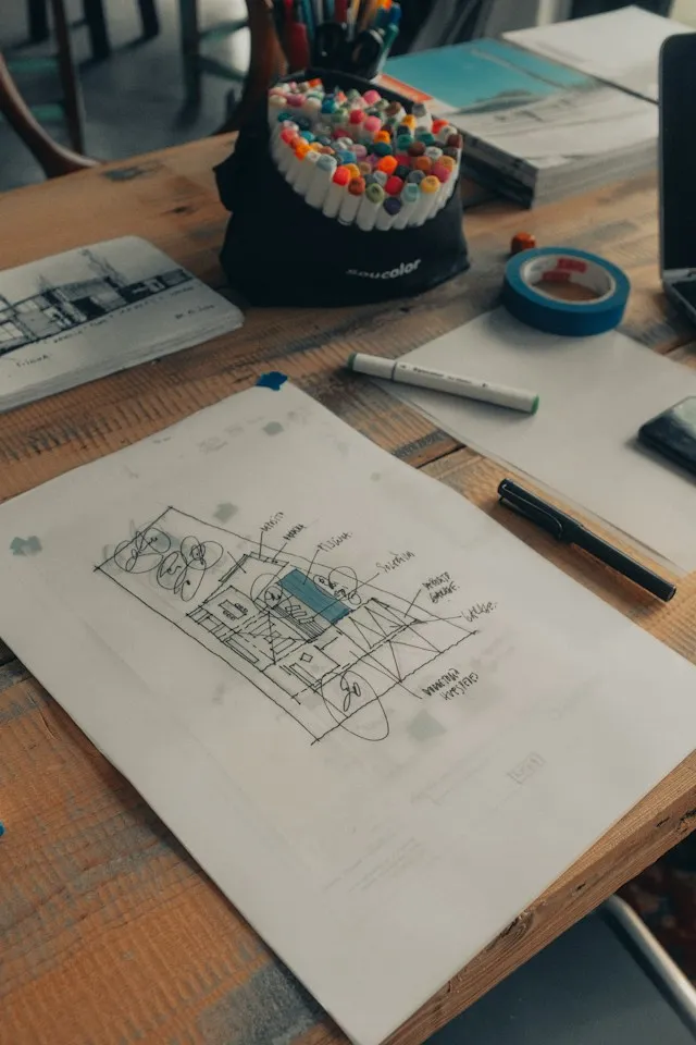 A room layout drawing on a desk surrounded with pens and pencils